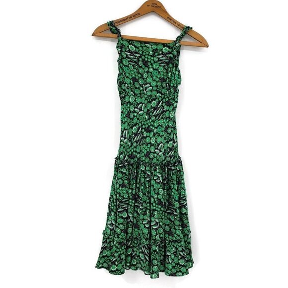 AnnaKim Violette Silk Dress Womens Small Green Floral Full Circle Skirt - Picture 1 of 4
